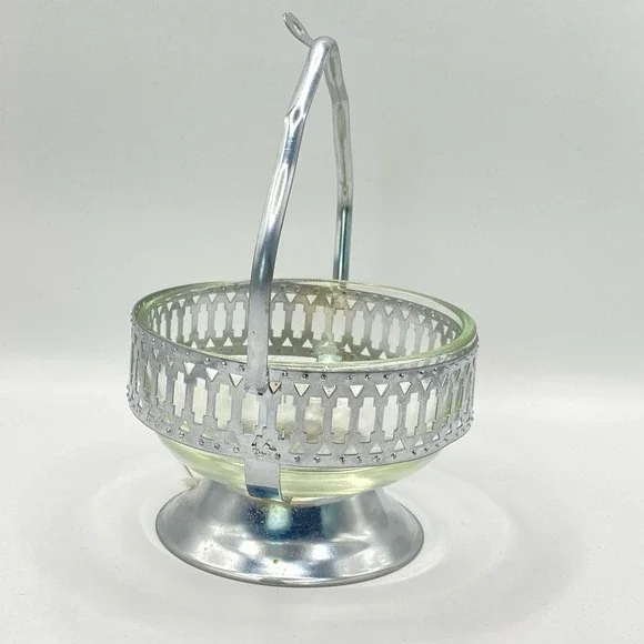 Trillium Vintage MCM Glass Nut Candy Dish Silver Tone Metal Basket OS Silver - Picture 2 of 10